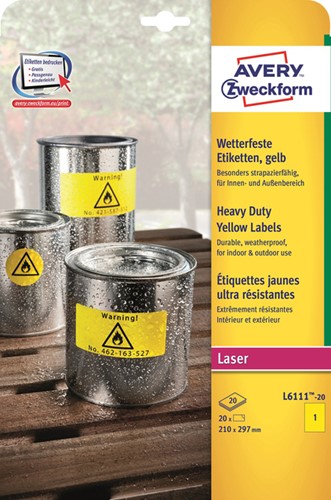Etiket Avery L6111-20 210x297mm geel 20 stuks