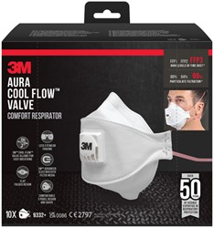 Stofmasker 3M Aura Comfort Cool Flow 9332 FFP3 met ventiel 10 stuks