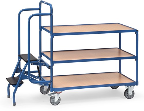 Orderverzamelwagen laadvlak 1.000 x 600 mm met trap, 3 laadvlakken, lage uitvoering