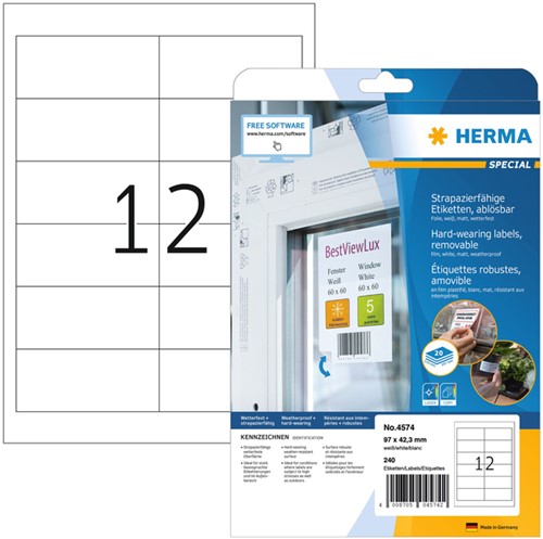 Etiket HERMA 4574 97x42.3mm folie wit 240 stuks