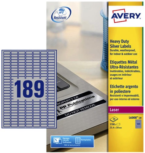 Etiket Avery L6008-20 25.4x10mm zilver 3780 stuks