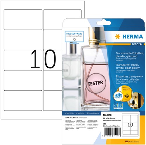 Etiket HERMA 8018 96x50.8mm transparant 250 stuks